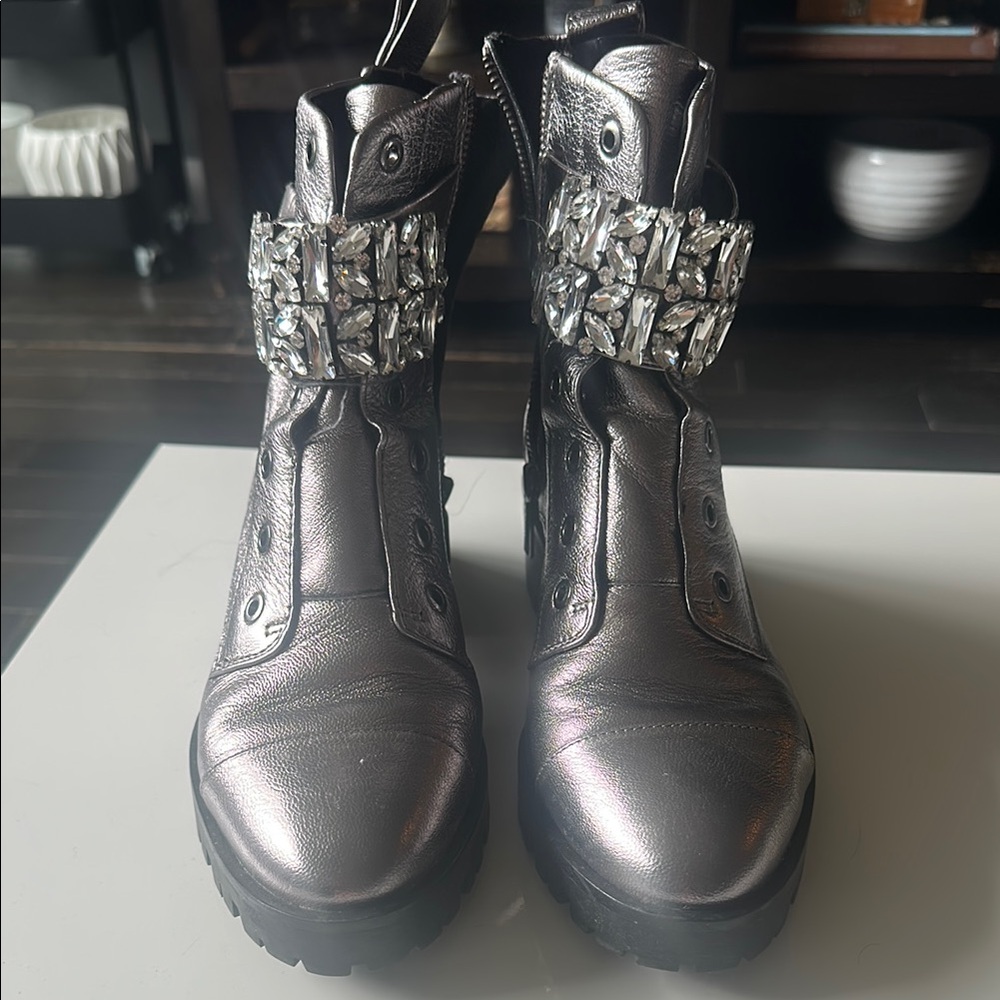 Karl Lagerfeld Silver Combat Moto Boots mettallic